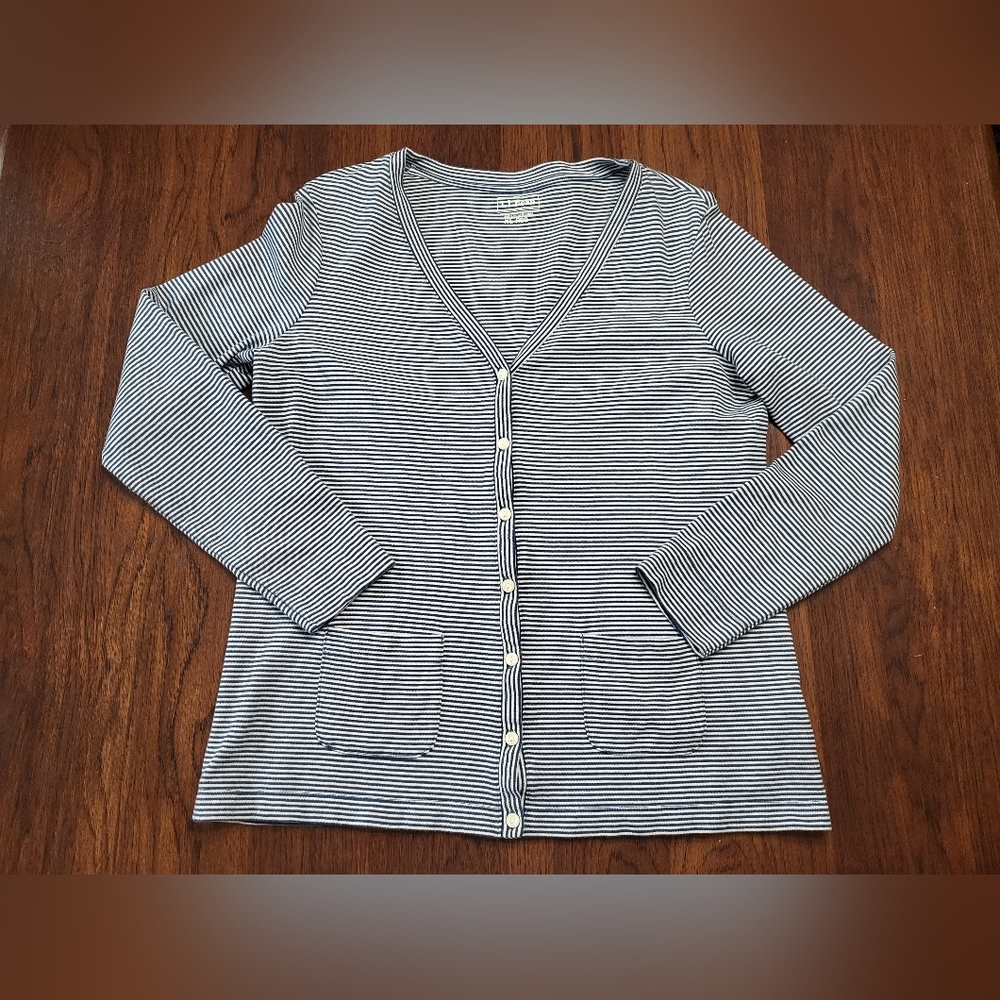 L.L. Bean Women's Striped Button Cardigan Sweater Size XL White Blue 100% Cotton